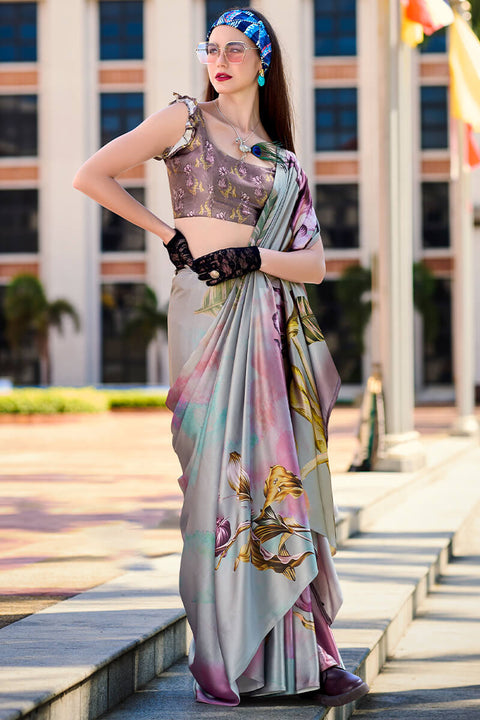 VastraLakshmi Flamboyant Grey Digital Printed Satin Silk Saree With Twirling Blouse Piece