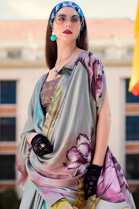 VastraLakshmi Flamboyant Grey Digital Printed Satin Silk Saree With Twirling Blouse Piece