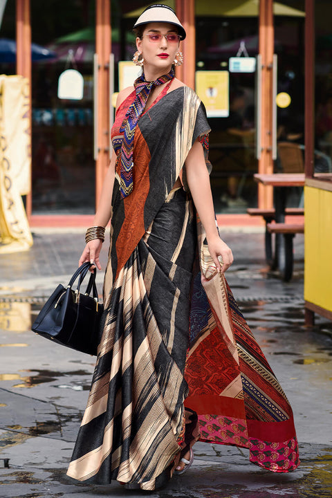 VastraLakshmi Ideal Beige and Black Digital Printed Satin Silk Saree With Chatoyant Blouse Piece