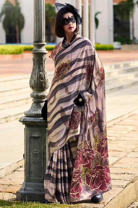 VastraLakshmi Splendorous Black and Beige Digital Printed Satin Silk Saree With Resplendent Blouse Piece