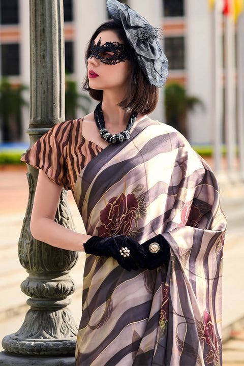 VastraLakshmi Splendorous Black and Beige Digital Printed Satin Silk Saree With Resplendent Blouse Piece