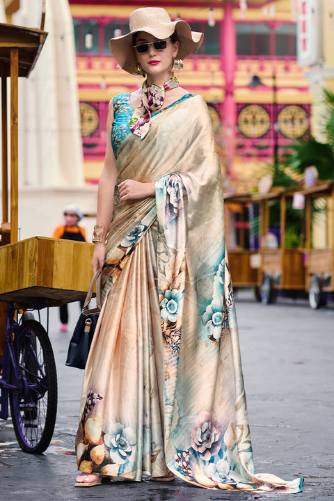 VastraLakshmi Enamoring Beige Digital Printed Satin Silk Saree With Resonant Blouse Piece