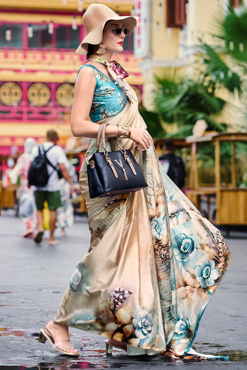 VastraLakshmi Enamoring Beige Digital Printed Satin Silk Saree With Resonant Blouse Piece