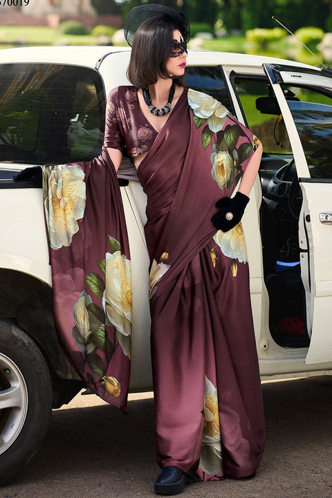 VastraLakshmi Elegant Brown Digital Printed Satin Silk Saree With Sophisticated Blouse Piece