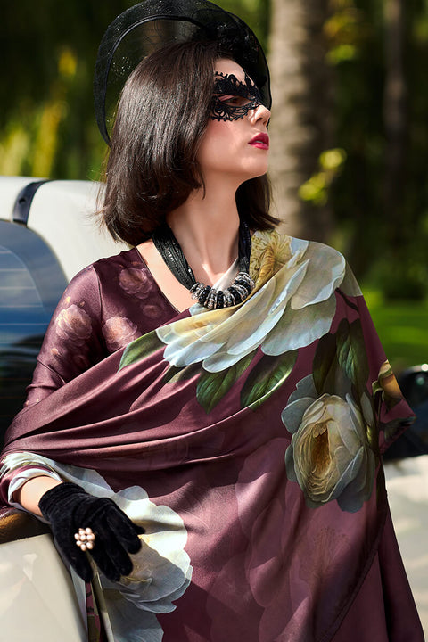 VastraLakshmi Elegant Brown Digital Printed Satin Silk Saree With Sophisticated Blouse Piece