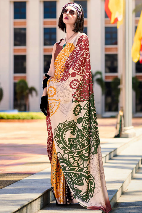 VastraLakshmi Energetic Beige Digital Printed Satin Silk Saree With Skinny Blouse Piece