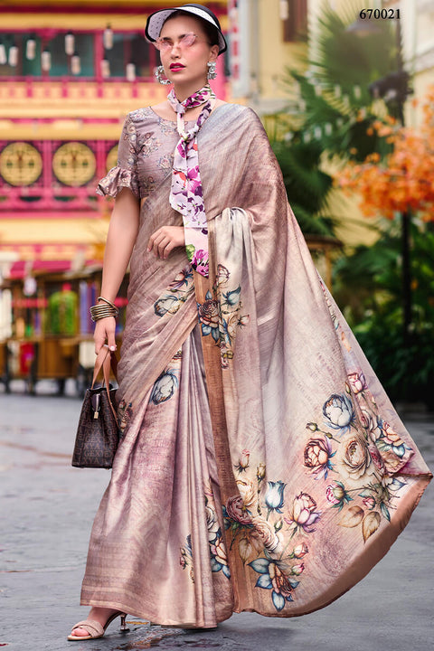 VastraLakshmi Charming Dark Beige Digital Printed Satin Silk Saree With Smart Blouse Piece