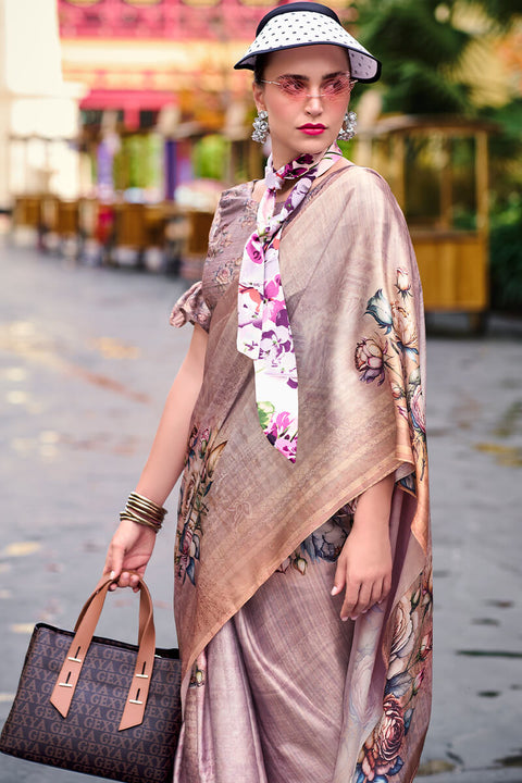 VastraLakshmi Charming Dark Beige Digital Printed Satin Silk Saree With Smart Blouse Piece