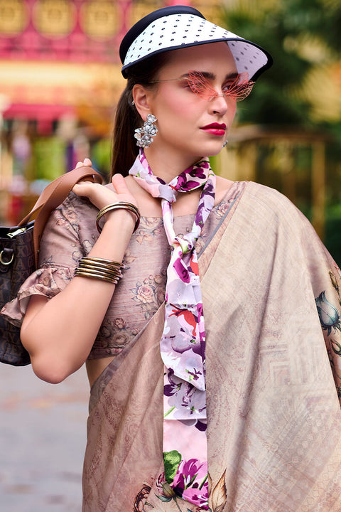 VastraLakshmi Charming Dark Beige Digital Printed Satin Silk Saree With Smart Blouse Piece