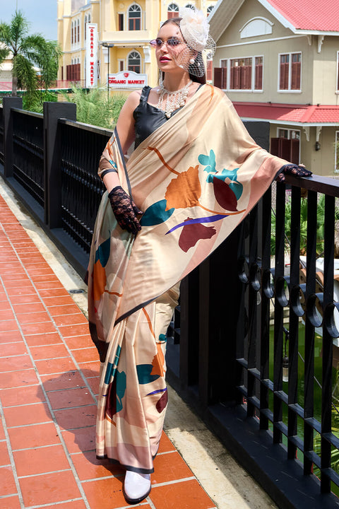 VastraLakshmi Excellent Beige Digital Printed Satin Silk Saree With Effervescent Blouse Piece