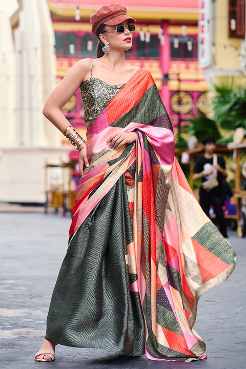 VastraLakshmi Palimpsest Grey Digital Printed Satin Silk Saree With Delectable Blouse Piece