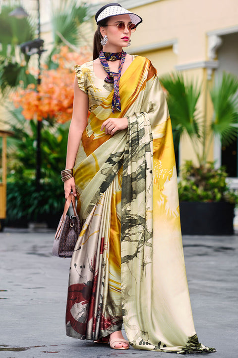 VastraLakshmi Glittering Beige and Yellow Digital Printed Satin Silk Saree With Charismatic Blouse Piece