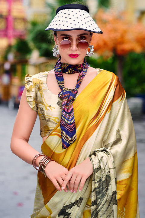 VastraLakshmi Glittering Beige and Yellow Digital Printed Satin Silk Saree With Charismatic Blouse Piece