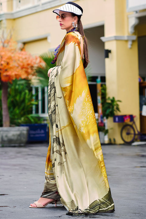 VastraLakshmi Glittering Beige and Yellow Digital Printed Satin Silk Saree With Charismatic Blouse Piece