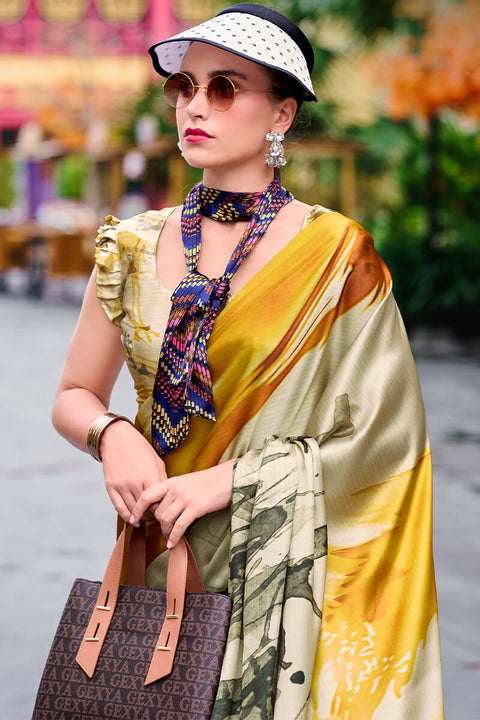 VastraLakshmi Glittering Beige and Yellow Digital Printed Satin Silk Saree With Charismatic Blouse Piece