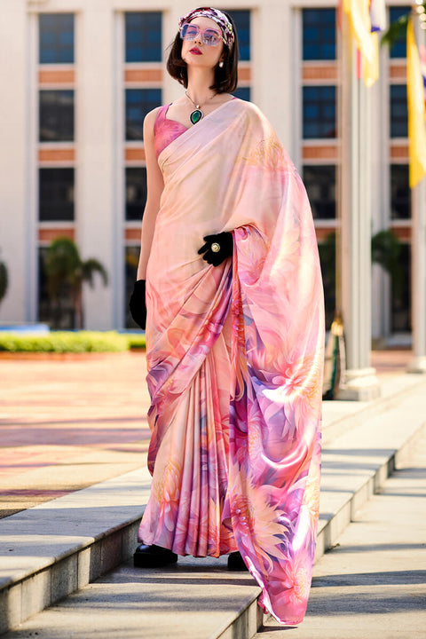 VastraLakshmi Magnificat Baby Pink Digital Printed Satin Silk Saree With Incredible Blouse Piece