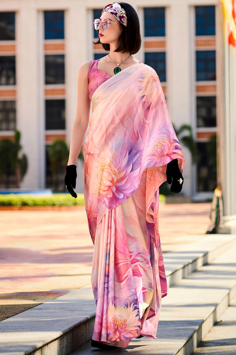 VastraLakshmi Magnificat Baby Pink Digital Printed Satin Silk Saree With Incredible Blouse Piece