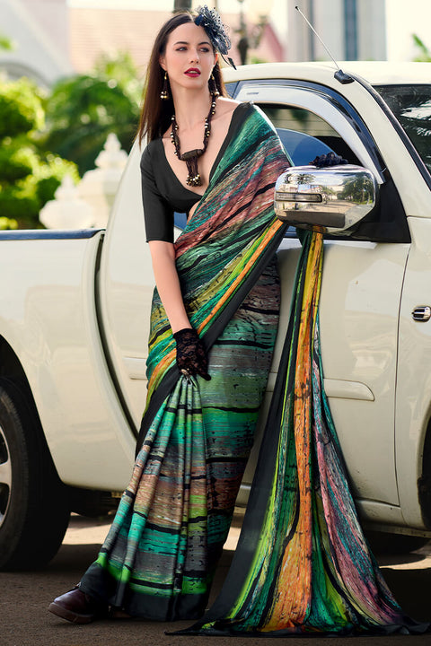 VastraLakshmi Marvellous Dark Green Digital Printed Satin Silk Saree With Flaunt Blouse Piece