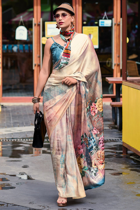 VastraLakshmi Sensational Beige Digital Printed Satin Silk Saree With Intricate Blouse Piece