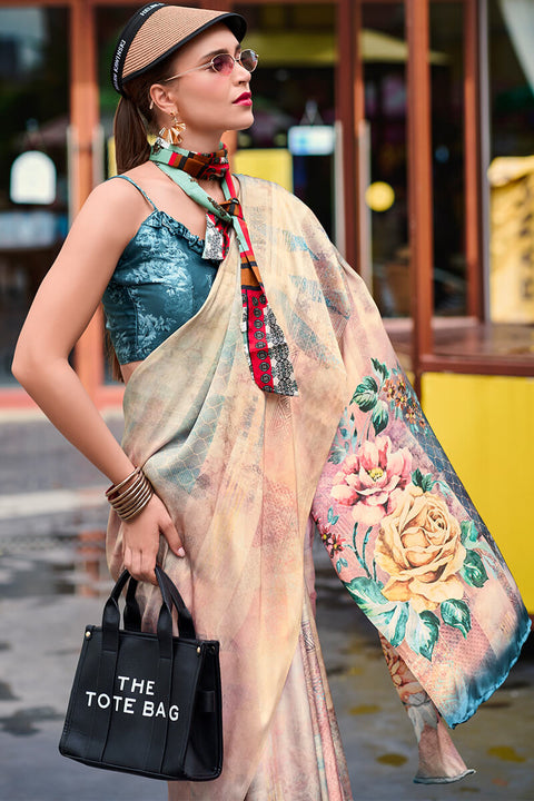 VastraLakshmi Sensational Beige Digital Printed Satin Silk Saree With Intricate Blouse Piece