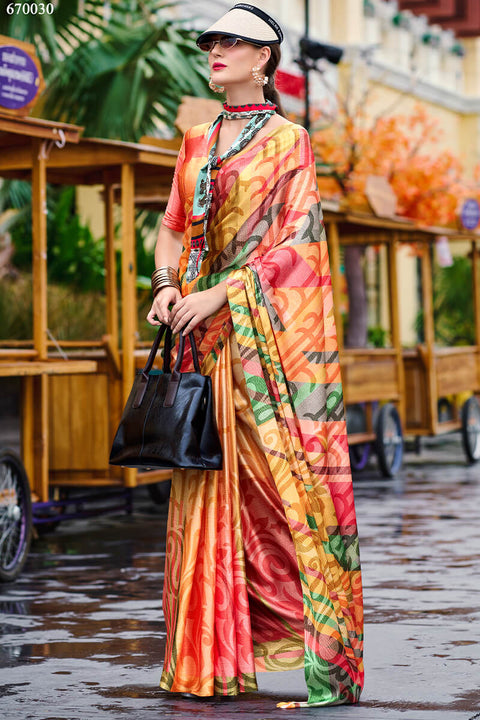 VastraLakshmi Desiring Multicolor Digital Printed Satin Silk Saree With Desiring Blouse Piece