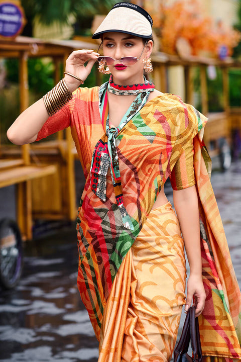 VastraLakshmi Desiring Multicolor Digital Printed Satin Silk Saree With Desiring Blouse Piece