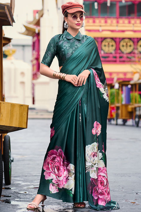 VastraLakshmi Pleasant Dark Green Digital Printed Satin Silk Saree With Stunner Blouse Piece