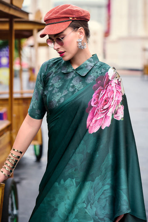 VastraLakshmi Pleasant Dark Green Digital Printed Satin Silk Saree With Stunner Blouse Piece