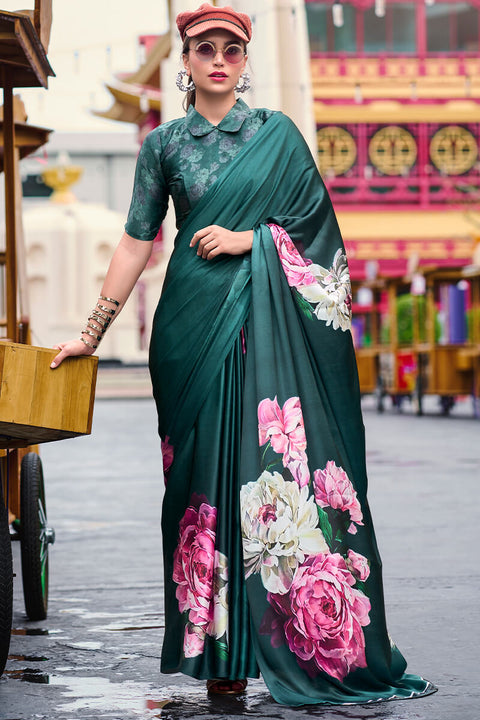 VastraLakshmi Pleasant Dark Green Digital Printed Satin Silk Saree With Stunner Blouse Piece