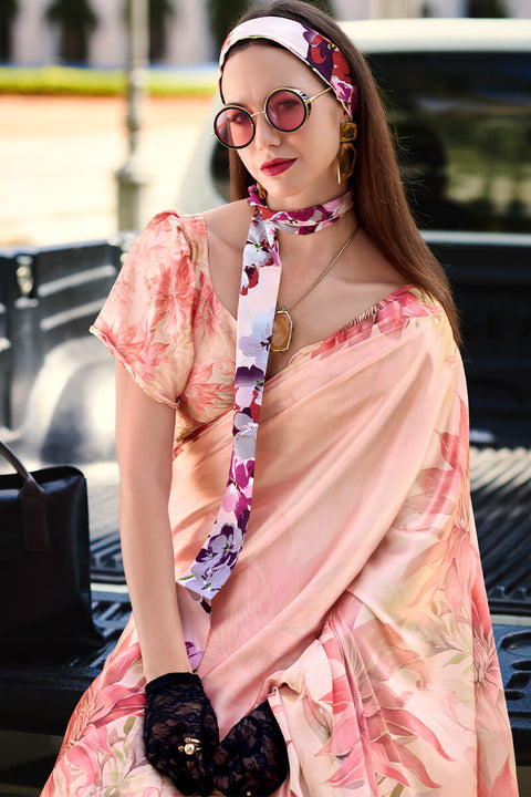 VastraLakshmi Brood Baby Pink Digital Printed Satin Silk Saree With Dissemble Blouse Piece