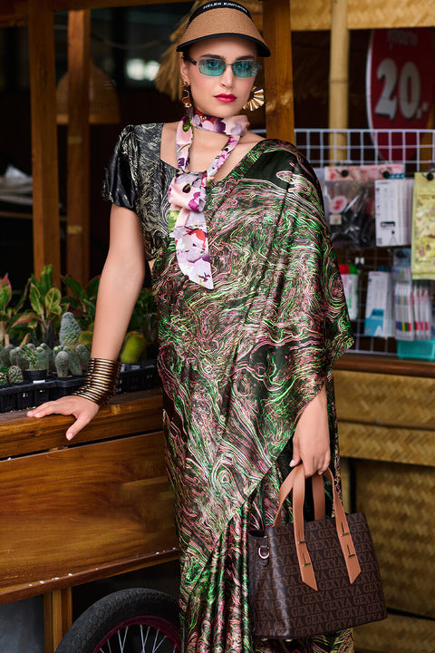 VastraLakshmi Gossamer Multicolor Digital Printed Satin Silk Saree With Scintilla Blouse Piece