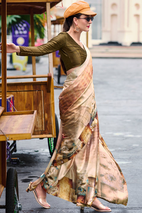 VastraLakshmi Profuse Beige and Brown Digital Printed Satin Silk Saree With Elaborate Blouse Piece