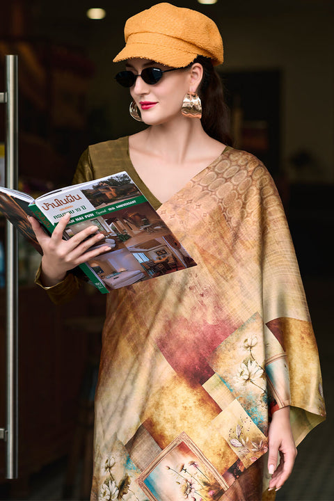 VastraLakshmi Profuse Beige and Brown Digital Printed Satin Silk Saree With Elaborate Blouse Piece