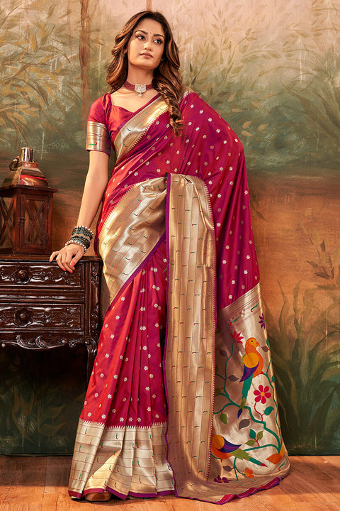 VastraLakshmi Ailurophile Wine Paithani Silk Saree With Embrocation Blouse Piece