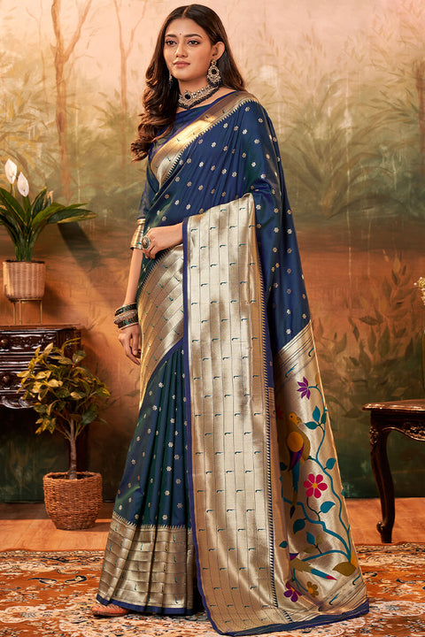 VastraLakshmi Embrocation Navy Blue Paithani Silk Saree With Fancifull Blouse Piece