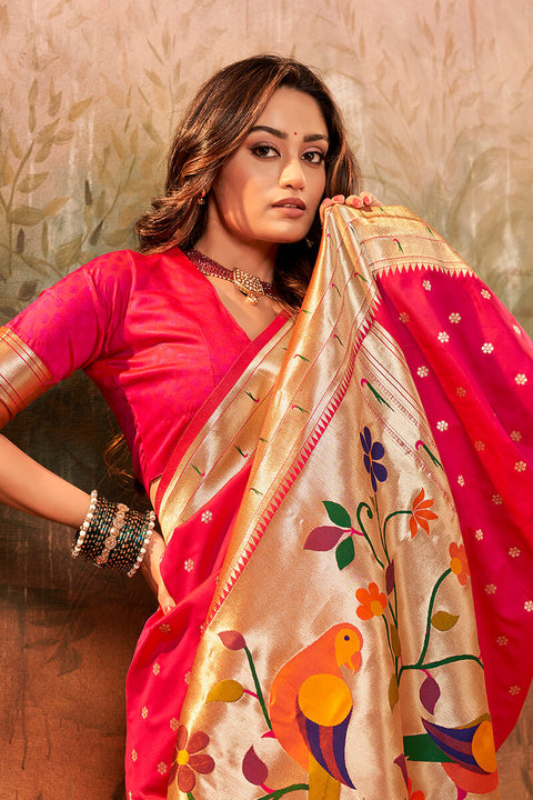 VastraLakshmi Most Stunning Dark Pink Paithani Silk Saree With Angelic Blouse Piece