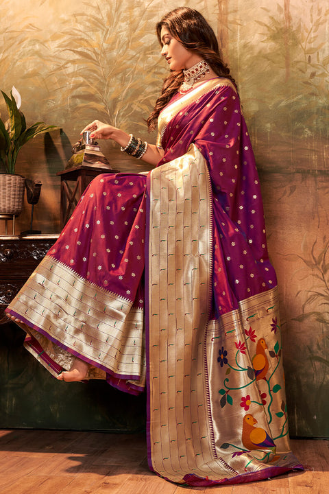 VastraLakshmi Glowing Purple Paithani Silk Saree With Wonderful Blouse Piece