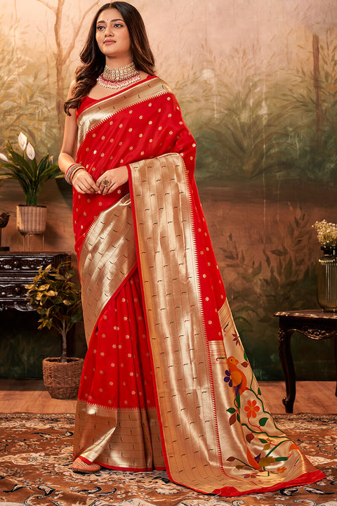 VastraLakshmi Amazing Red Paithani Silk Saree With Sizzling Blouse Piece