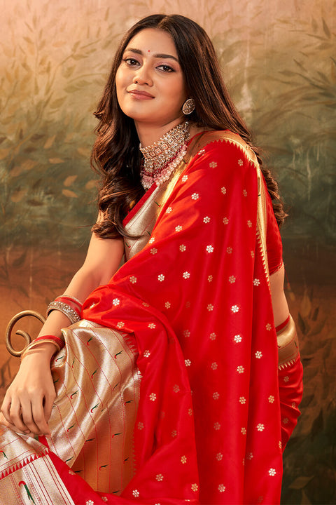 VastraLakshmi Amazing Red Paithani Silk Saree With Sizzling Blouse Piece