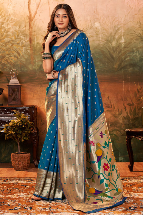 VastraLakshmi Flameboyant Blue Paithani Silk Saree With Bewitching Blouse Piece