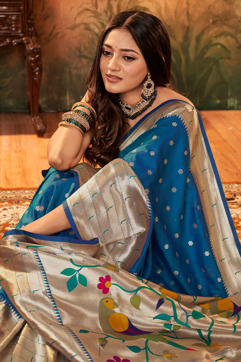 VastraLakshmi Flameboyant Blue Paithani Silk Saree With Bewitching Blouse Piece