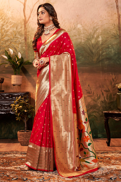 VastraLakshmi Angelic Red Paithani Silk Saree With Conflate Blouse Piece