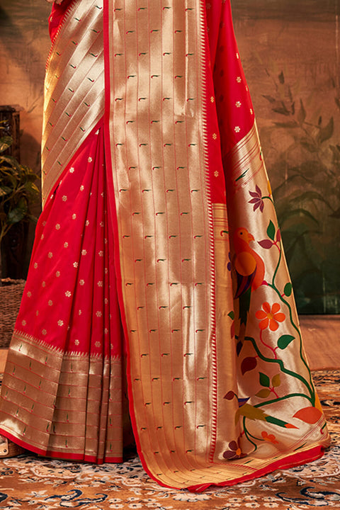 VastraLakshmi Angelic Red Paithani Silk Saree With Conflate Blouse Piece