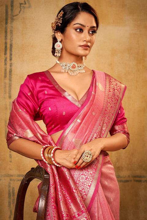 VastraLakshmi Dazzling Pink Soft Banarasi Silk Saree With Designer Blouse Piece