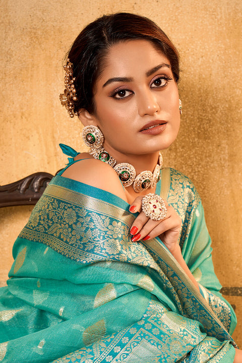 VastraLakshmi Outstanding Sea Green Soft Banarasi Silk Saree With Appealing Blouse Piece