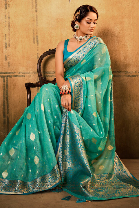 VastraLakshmi Outstanding Sea Green Soft Banarasi Silk Saree With Appealing Blouse Piece