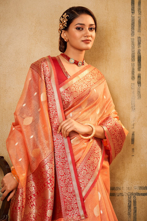 VastraLakshmi Flamboyant Peach Soft Banarasi Silk Saree With Exquisite Blouse Piece