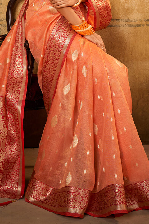 VastraLakshmi Flamboyant Peach Soft Banarasi Silk Saree With Exquisite Blouse Piece