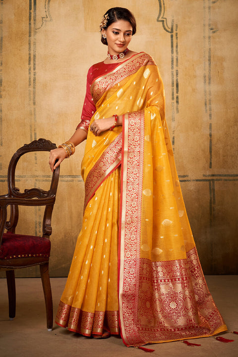 VastraLakshmi Flameboyant Yellow Soft Banarasi Silk Saree With Adoring Blouse Piece