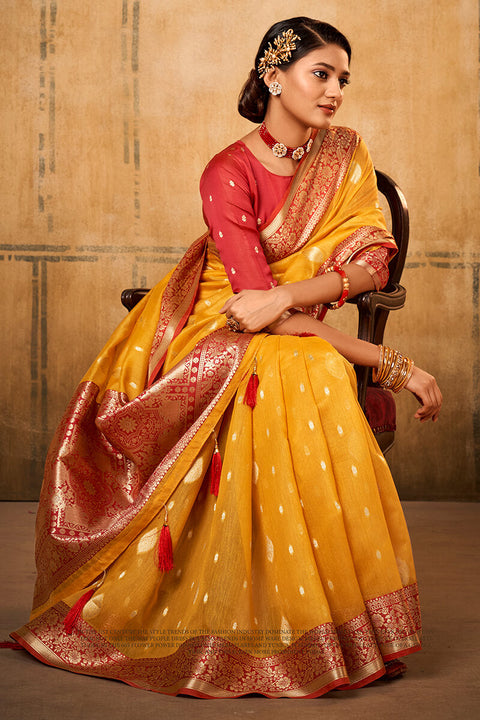 VastraLakshmi Flameboyant Yellow Soft Banarasi Silk Saree With Adoring Blouse Piece